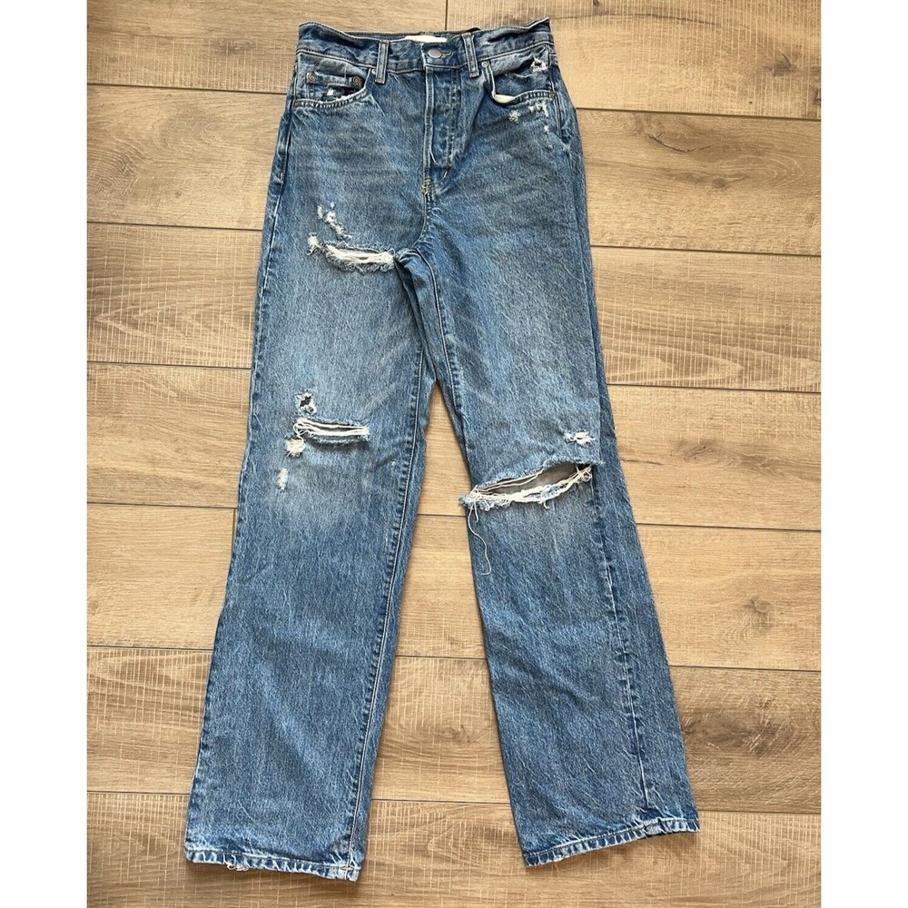 Zara Jeans Womens 0 Medium Wash Wide Leg Hi Rise Distressed Button Fly Blue
